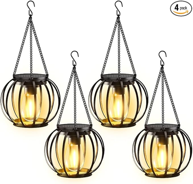 KOOPER Solar Lanterns Outdoor Waterproof, 4 Pack Upgraded Metal Hanging Solar Lights Outdoor Lanterns, Brighter Auto On/Off Outdoor Hanging Lantern for Yard Patio Pathway Porch Garden Decor
