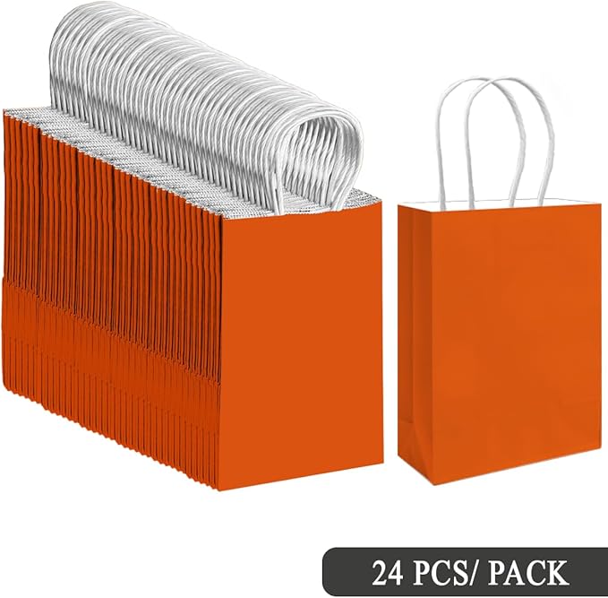 qiqee 24PCS Small Gift Bag with Handles Bulk 8.3"x6"x3" Gift Bags Orange Bags Multiple Uses (Small Size)