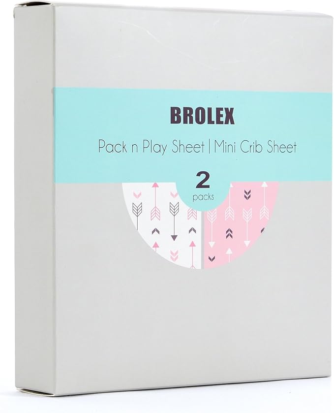Stretchy Fitted Pack n Play Playard Sheet Set BROLEX 2 Pack Portable Mini Crib Sheets,Convertible Playard Mattress Cover,Ultra Soft Material,Pink White Arrow