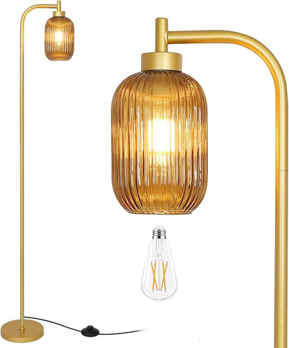 LAMSU Glass Floor Lamps for Living Room, Vintage Gold Standing Lamp with LED Bulb, Amber Stripe Glass Shade, Foot Switch, Mid Century Modern Brass Tall Corner Lamp for Bedroom Office Reading Room
