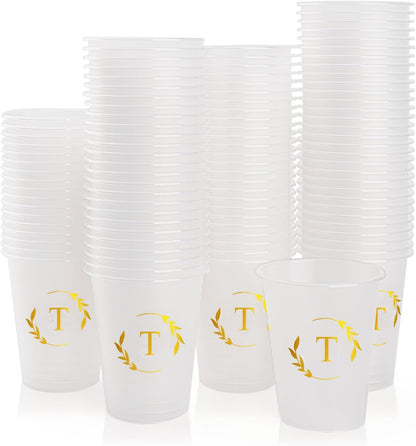 100 Monogrammed Cups Disposable Initial Plastic Cup 12 oz Wedding Personalized Cup for Wedding Reception Baby Shower Birthday Party(Letter T)
