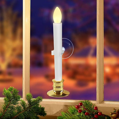 2 Pack Flameless Taper Candles with Remote/Timer & Suction Cup, Battery Operated Flickering LED Window Candles, Vintage Christmas Electric Fake Candlesticks, Golden Holder