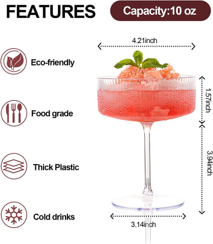 Ciaell 12PCS Plastic Ribbed Martini Glasses - 10 Oz Disposable Coupe Glasses with Stem - Heavy Duty Margarita Cups for Bars, Cocktails, Whiskey, Parties & Wedding