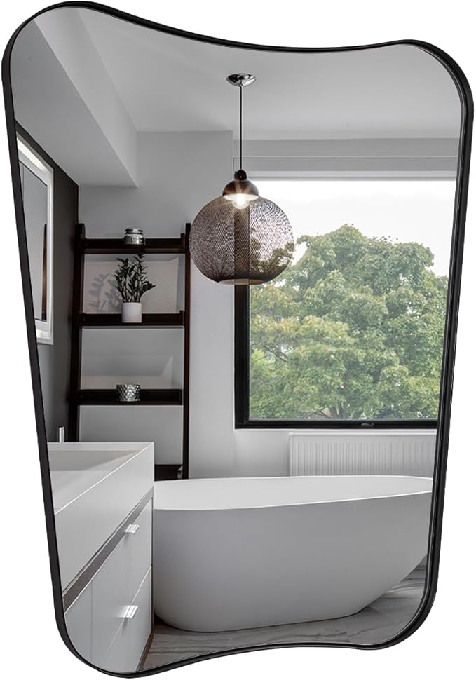 MIRRORART 24'x32'' Black Asymetrical Mirrors for Bathroom, | Premium Metal Frame Mirror Butturfly-Shaped Irregular Wall Mirrors Wall Mounted Vertical for Bathroom Remodel, HD Glass