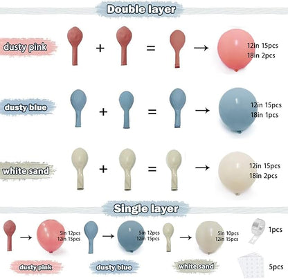 Gender Reveal Balloons Arch Kit, Double Stuffed Dusty Pink and Blue Blush Pink Beige Sand White Balloon Garland Kit for Boy or Girl Boho Neutral Bear Birthday Party Decoration...