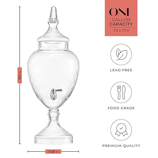 Beverage Dispenser for Countertop - 1 Gallon Large Glass Drink Dispenser w/Spigot & Lid - Party Drink Dispenser for Sweet Tea Lemonade Punch Water, Juice Dispensers for Parties