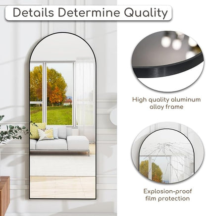 Dewfig Arched Full Length Mirror, 64"x20" Gold Mirror with Stand, Full Body Mirrors for Leaning Against or Wall Mounted, Large Floor Mirrors for Bedroom, Living Room, Black