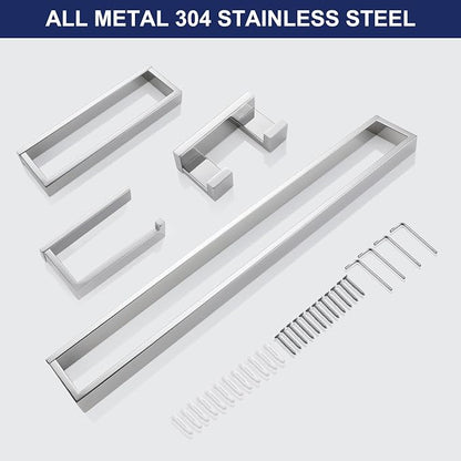 Lairuier Bath Towel Bar Set, Polished Chrome 4-Piece Bathroom Hardware Set Including Towel Bar, Towel Holder, Toilet Paper Holder, Towel Hook. Stainless Steel Bathroom Hardware Accessory