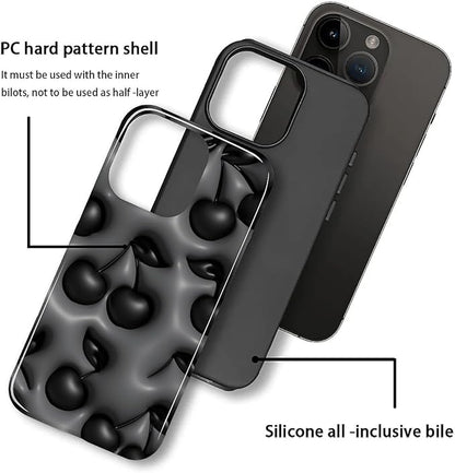 for iPhone 14 Pro Case,HL2 Cute Cool Cherry Black Hybrid 2 Layer Hard Shell Silicone Protective Pattern Design Case