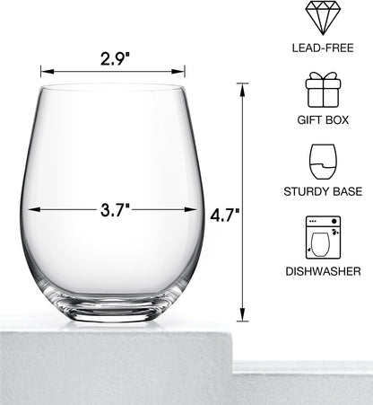 LUNA & MANTHA Stemless Wine Glasses Set of 2, 18oz Crystal Red White Wine Glasses for Daily Use, Hosting, Home Bar, Evening Party, Birthdays, Shower, Housewarming Gift, Clear