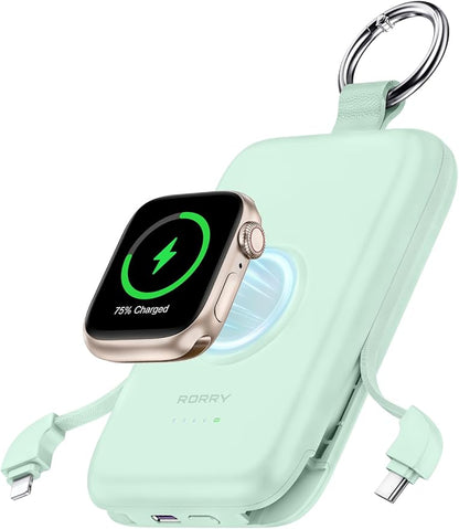 RORRY Portable Charger, 10000mAh PD 20W Fast Charging Portable Charger Power Bank with Built in Cables, Travel Battery Pack for iPhone and Apple Watch Ultra/11/10/9/8/7/6/5, Green