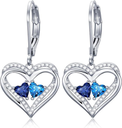Valentines Day Gifts for Women, Heart Leverback Earrings Double Birthstone Dangle Earrings for Women, Love Jewelry for Her, Anniversary Birthday Gift for Mom Wife Girlfriend