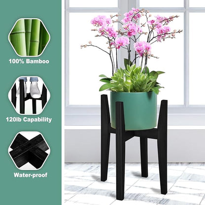 Rnined Plant Stand Indoor, Bamboo Plant Shelf, Adjustable Corner Plants Flower Holders Single Floor Plant Stand, Fits 8 to 12 Inches Pots,(Pot & Plant Not Included)(Black)