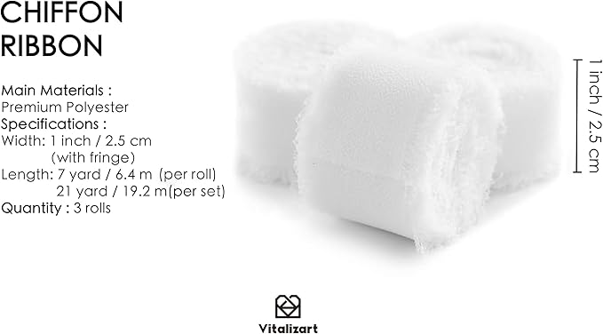 Vitalizart White Chiffon Silk Ribbon 1" x 21 Yd Fringe Fabric Package (3 Rolls * 7 Yd) for Wedding Invitations Bridal Bouquets Decorations Gifts Wrapping & Bow Making Off White