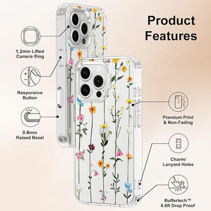 MOSNOVO Case for iPhone 16 Pro Max, [Buffertech 6.6ft Military-Grade Drop Protection] [Anti Peel Off Tech] Clear TPU Bumper Phone Case Cover Design - Wildflowers
