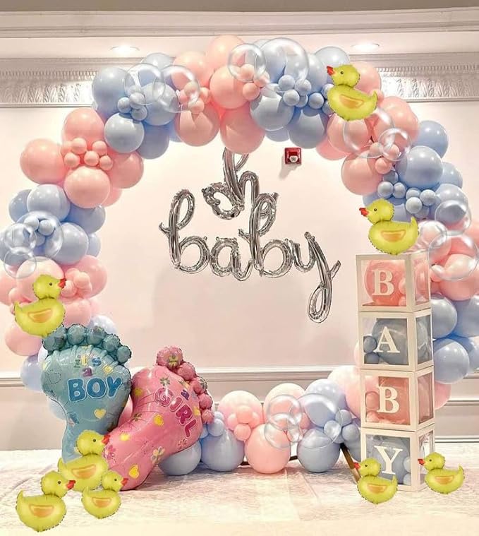 Lucky Yellow Duck Balloon Arch Garland Kit, 157 pcs Pink and Blue Polka Dot Latex Balloons with Rubber Duck Foil Balloons for Gender Reveal Birthday Wedding He or She Party Decorations