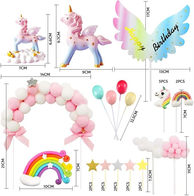 MOVINPE Unicorn Cake Topper, Magic Unicorns Sculpture, Pink Hairball Arch, Rainbow, Wings Birthday Banner, Cloud, Balloon, Stars, Little Unicorn Rainbows, Cake Decoration For Girl Kid Women Party