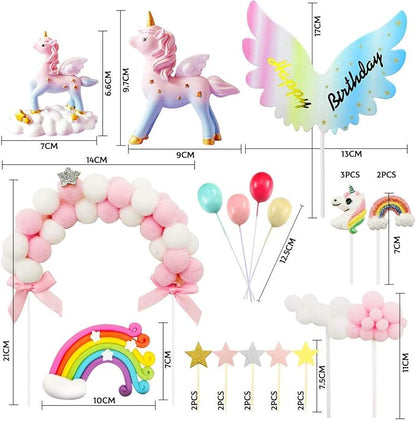 MOVINPE Unicorn Cake Topper, Magic Unicorns Sculpture, Pink Hairball Arch, Rainbow, Wings Birthday Banner, Cloud, Balloon, Stars, Little Unicorn Rainbows, Cake Decoration For Girl Kid Women Party