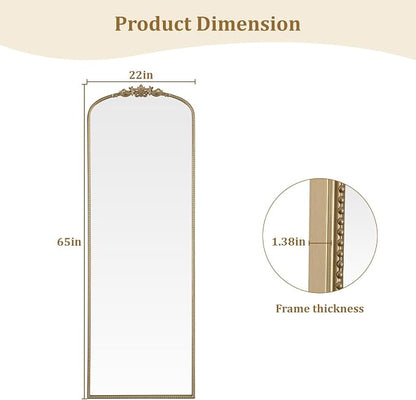 WallBeyond Gold Vintage Full Length Mirror with Stand for Vanity 22x65 Inch, Gold Antique Mirror with Ornate Frame, Arched Vintage for Bathroom, Living Room, Bedroom, Entryway