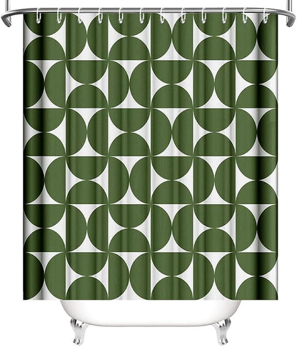 MEHOFOND Vintage Green Shower Curtain Modern Mid Century Abstract Geometric Bathroom Curtain Boho Retro Classic 1950S 60S Bathtub Decor Fabric Waterproof Bath Curtain with 12 Hook 72x72 Inch