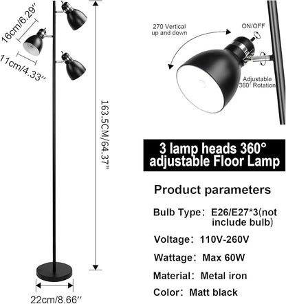 FIRVRE Modern Reading Floor Lamp, Industrial 3-Light Standing Lamp, Black Adjustable Rotation Heads, Modern Multi Head Reading Floor Lights, E26 Base
