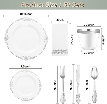 350PCS Silver Plastic Plates for 50 Guests, Disposable Dinnerware Set Includes 100 Disposable Plates, 150 Silver Silverware, 50 Cups, 50 Napkins for Party & Wedding
