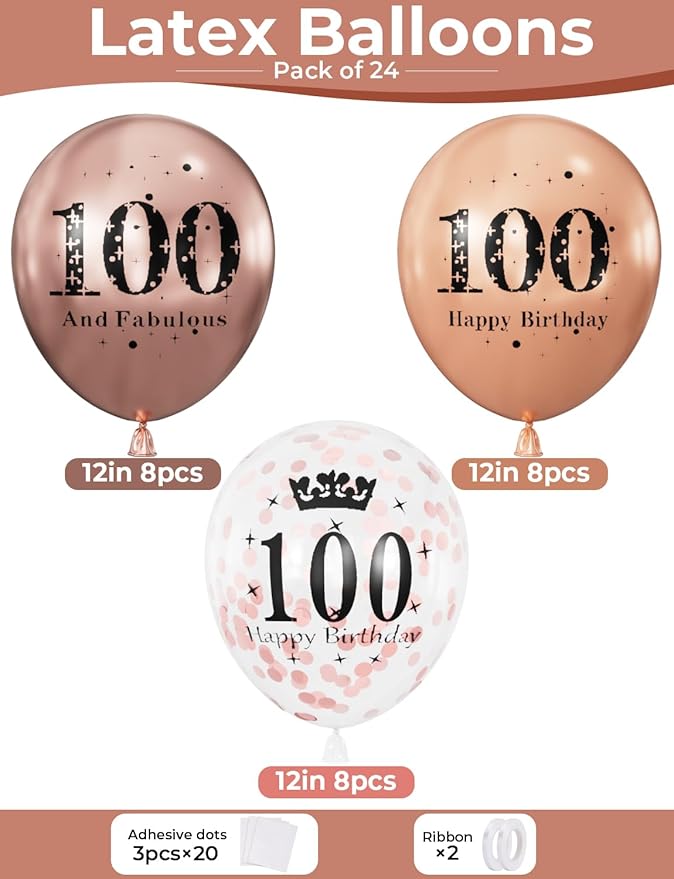 Rose Gold Birthday Balloons Decorations - 24 Pcs 100th Birthday Balloons for Women, Pearl Metallic Rose Gold Balloon, Glitter Confetti Balloon for 100 Years Old Hbd Anniversary Party Decoration