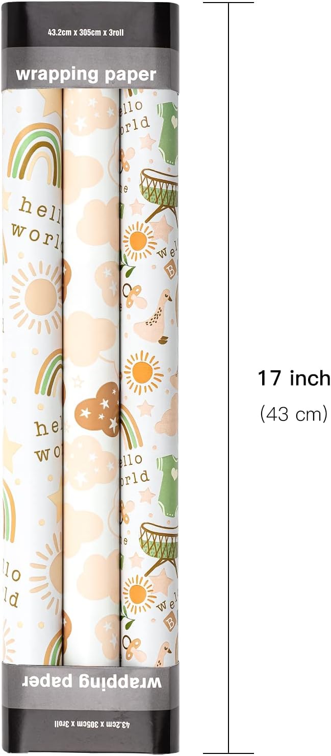 LeZakaa Baby Shower Wrapping Paper Roll, Baby Suit Rainbow Sun Sweet Clouds in Khaki, for Baby Boys Girls, 1st Birthday, Newborn Party, Mini Roll with Cut Lines, 17 x 120 inches, 3 Rolls