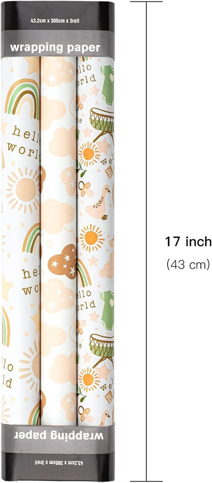 LeZakaa Baby Shower Wrapping Paper Roll, Baby Suit Rainbow Sun Sweet Clouds in Khaki, for Baby Boys Girls, 1st Birthday, Newborn Party, Mini Roll with Cut Lines, 17 x 120 inches, 3 Rolls