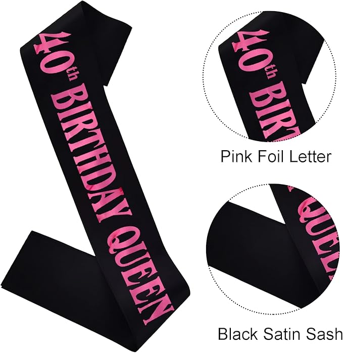 40th Birthday Queen Sash, Pink Foil Black Satin Birthday Sash for Women 40th Fabulous Birthday Party Gift Decorations Favors