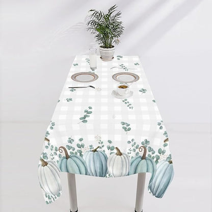 YCness Thanksgiving Pumpkin Tablecloth, Watercolor Eucalyptus Leaves Autumn Harvest Fall Watercolor Blue Gray Grid Table Cover for Party Picnic Dinner Kitchen 60x120 Inch Rectangle