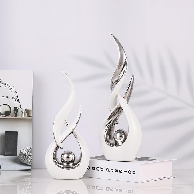 2 PCS White Silver Ceramic Statues For Home Decor Accents, Modern Abstract Art Sculptures, Elegant Tabletop Decorative Objects For Dining Room, Entryway, Tv Stand, Mantel, Coffee Table Centerpieces