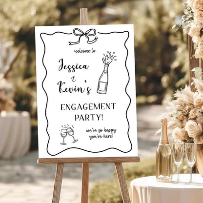 Black & White Bow Engagement Party Welcome Sign - Personalized Couples Yard Sign with Champagne & Glasses