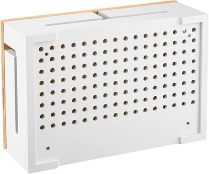 Bamboo Cable Management Box with Magnetic Lid - 12,6x7,8x4.3 in - Durable Cable Organizer to Hide Cords & Power Strip - Wall Mountable - Including Hardware - for Home, Office, Desk & More (White)