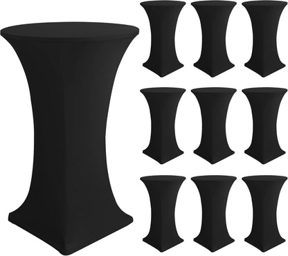 Cocktail Table Covers-Spandex Round High Top Table Cloths 10 Pack 32x43 Inch-Black Stretch Fitted Bar Tall Tablecloth for Pub Bistro Highboy Party Event Banquet Height Folding Satnding