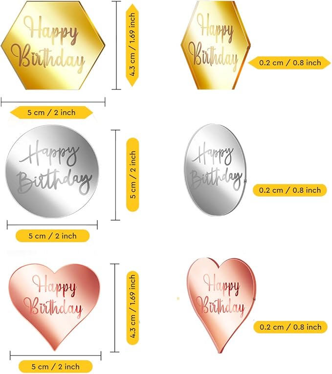 30 PCS Happy Birthday Cake Disc Mini Acrylic Cake Toppers, Mirror Acrylic Cupcake Toppers DIY Heart Round Hexagon Shape Engraved Cake Topper Charms Cake Cupcake Decorations for Birthday Party Decor