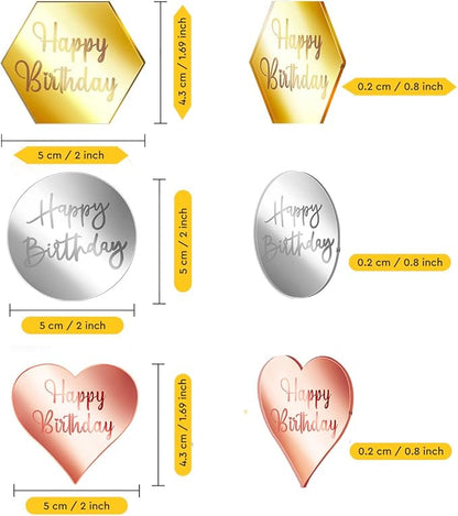 30 PCS Happy Birthday Cake Disc Mini Acrylic Cake Toppers, Mirror Acrylic Cupcake Toppers DIY Heart Round Hexagon Shape Engraved Cake Topper Charms Cake Cupcake Decorations for Birthday Party Decor