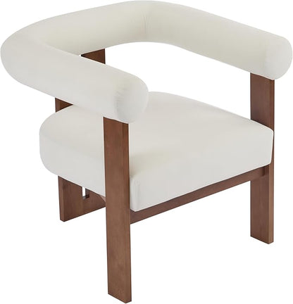 Christopher Knight Home Modern Velvet Upholstered Accent Chair for Living Room, Home Office, Apartment, Arm Chair with Curve Backrest and Birch Wood Legs, Three Legs Structure, White and Brown