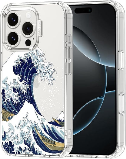MOSNOVO Case for iPhone 16 Pro, [Buffertech 6.6ft Military-Grade Drop Protection] [Anti Peel Off Tech] Clear TPU Bumper Phone Case Cover Design - Great Wave