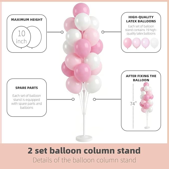 Balloon Column Kit Set of 2 With Baby Pink Chrome Balloons Included - with Base,Pole,Balloon Tower Backdrop Decoration for Wedding,Baby Shower, Birthday,Princess Party, or Bachelorette