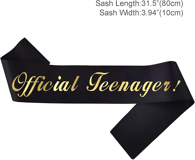 Gold Foil 'Official Teenager' Black Birthday Sash for Boy, 13th Birthday Sash for Bday Party Decorations Gifts Favors