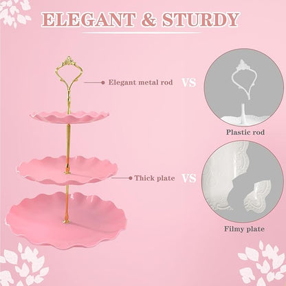5 Pcs Dessert Table Display Set, Pink Plastic 2 Pcs Round 3 Tier Cupcake Stand Cup Cake Tower Stand with Metal Rod & 3 Pcs Serving Tray for Baby Shower, Tea Party, Wedding, Birthday Party