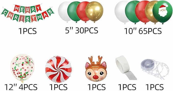 Mxdfafa 104PCS Christmas Balloon Arch Kit, Red Green White Gold Latex Balloons with Santa & Reindeer Foil Balloons, Merry Christmas Banner, DIY Garland Kit for Holiday Party Decor