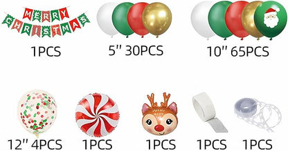 Mxdfafa 104PCS Christmas Balloon Arch Kit, Red Green White Gold Latex Balloons with Santa & Reindeer Foil Balloons, Merry Christmas Banner, DIY Garland Kit for Holiday Party Decor
