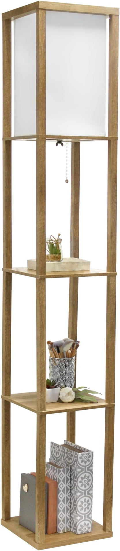 Simple Designs LF1038-WOD 62.5" Modern 3 Tier Standing Floor Lamp Etagere Organizer Storage Shelf with Linen Shade for Home Décor, Living Room, Bedroom, Office, Light Burnt Oak