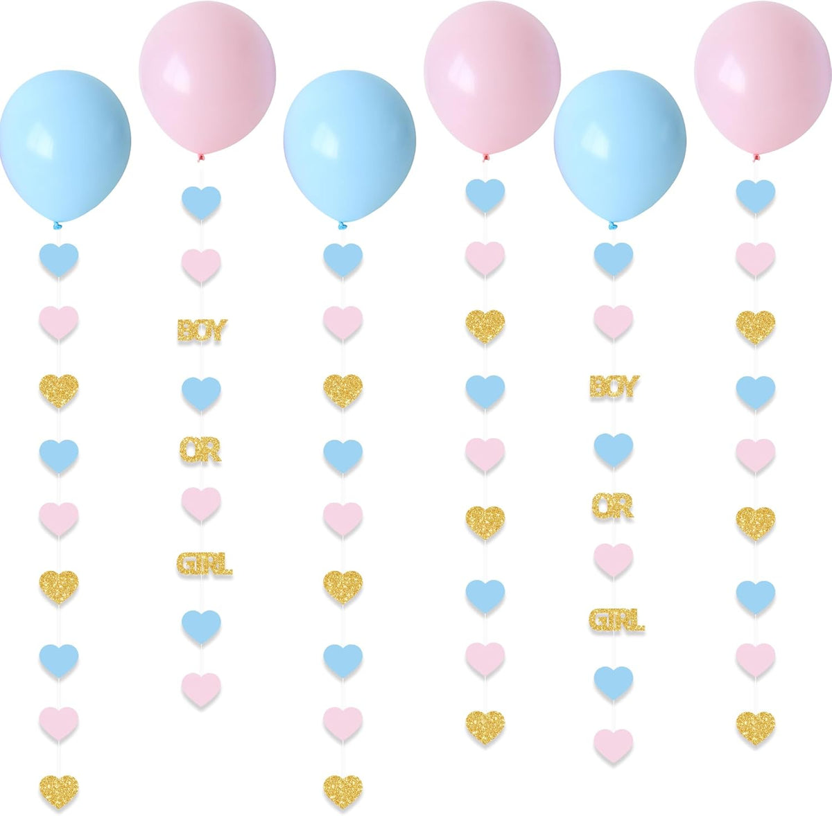Boy or Girl Gender Reveal Decorations 6PC Pink Blue Balloon Tails with Heart Streamer Garland for Baby Shower Decorations