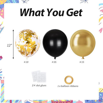 60pcs Black and Gold Balloons, 12inch Black and Gold Confetti Balloons for Graduation 2026, Birthday, Anniversary, New Year Party Decorations