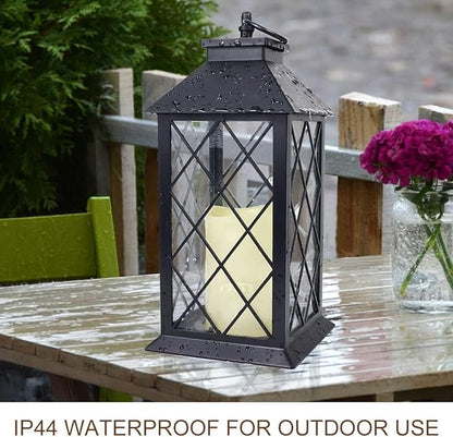 2-Pack 13.5" Vintage Candle Lantern with LED Pillar Candle (Black, 6hr Timer) - IP44 Waterproof Battery Powered Decorative Light - Outdoor Patio Hanging Lantern Decorative Tabletop Light