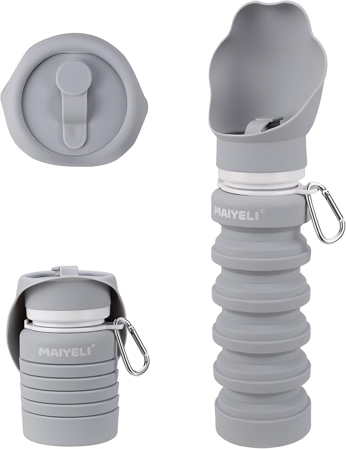 Dog Water Bottle Collapsible & Portable Squeeze, 9oz-17oz Water Dispenser & Folding Bowl,5 Levels Capacity in 1,Carabiner Clip,100% Food-Grade Silicone, Outdoor Walking,Hiking,Travel