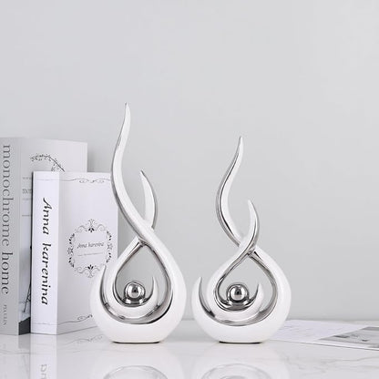 2PCS Abstract Art Ceramic Sculptures, Modern Decor Figurines for Living Room Decorative Objects, Sculptures Home Decor Set for Table, TV Stand, Entryway, Bookshelf Display (White Silver)